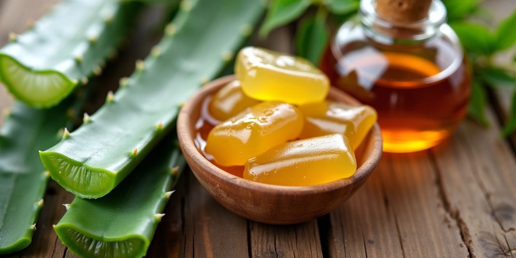 Natural ingredients for skincare: aloe vera, honey, green leaves.