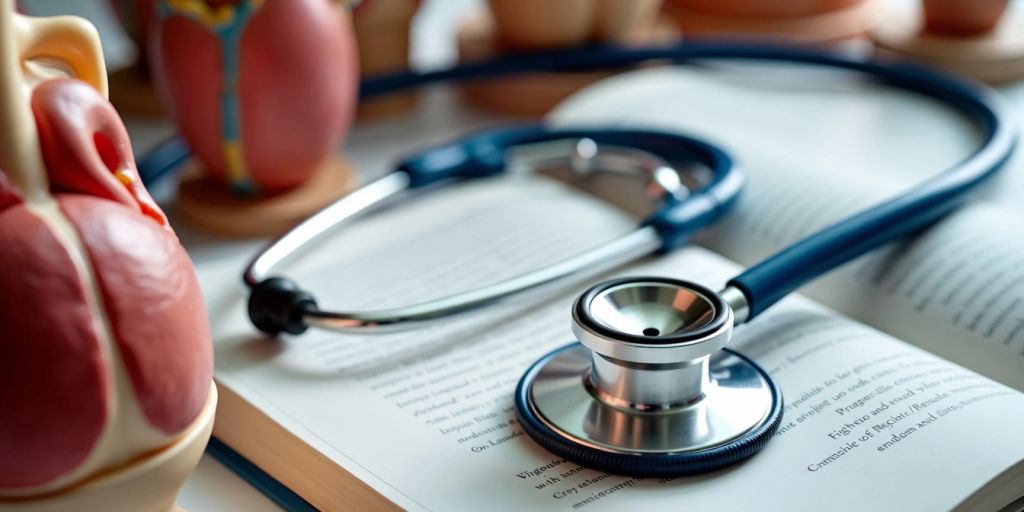 Stethoscope on a medical textbook with anatomical models.