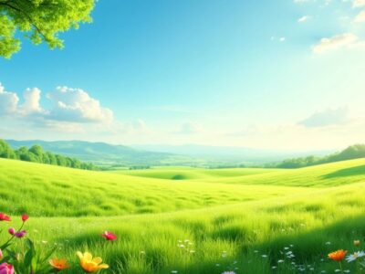 Lush green field with vibrant flowers under a blue sky.