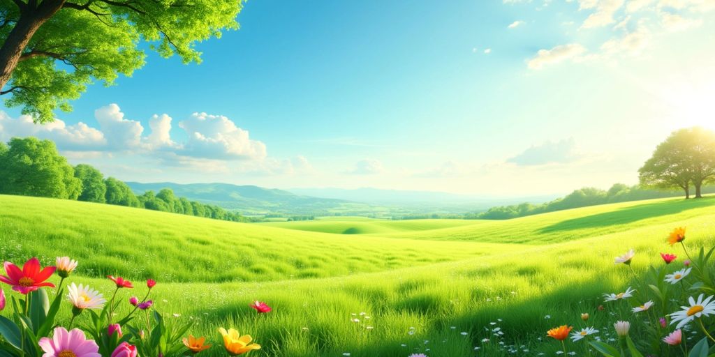 Lush green field with vibrant flowers under a blue sky.