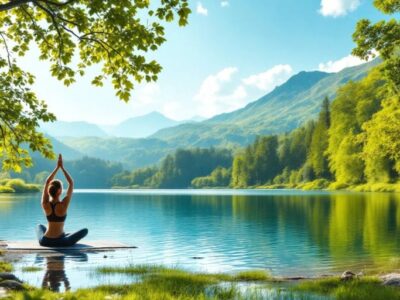 Person practicing yoga by a calm lake in nature.