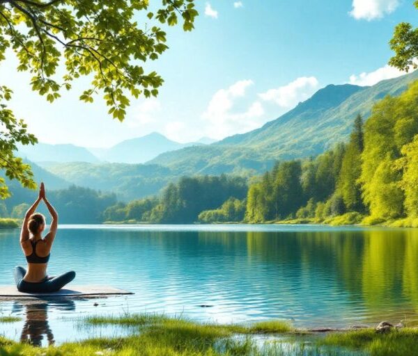 Person practicing yoga by a calm lake in nature.