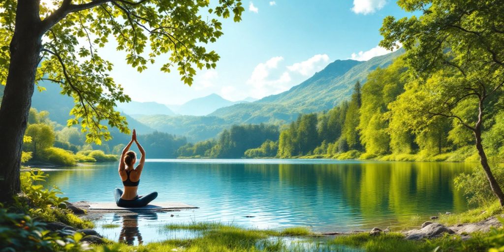 Person practicing yoga by a calm lake in nature.