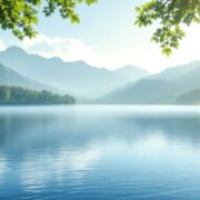 Calm lake and greenery representing stress relief.