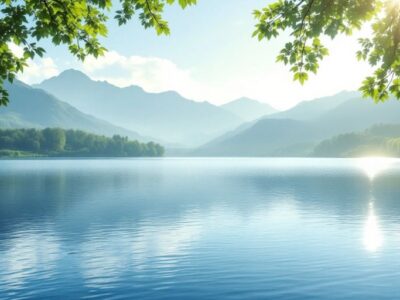 Calm lake and greenery representing stress relief.