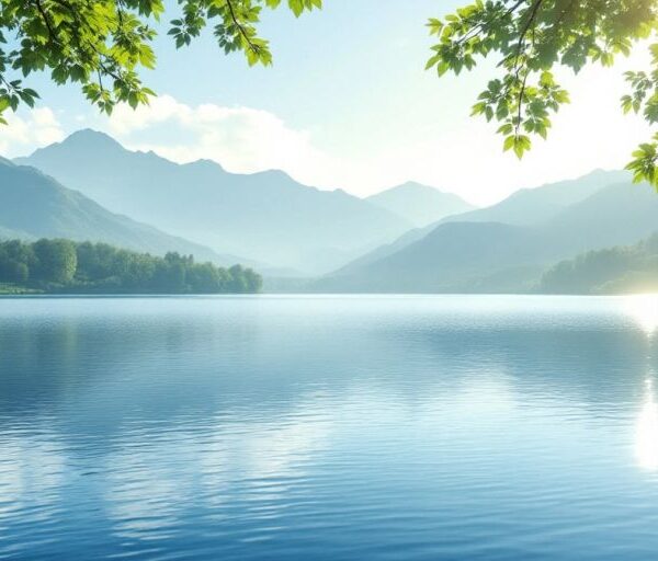 Calm lake and greenery representing stress relief.