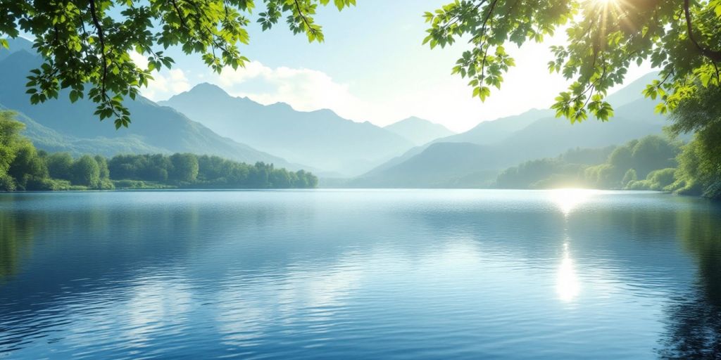 Calm lake and greenery representing stress relief.