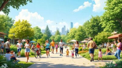 Diverse community members enjoying outdoor activities in a park.