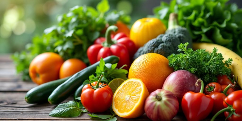 Colorful fruits and vegetables on a wooden table.