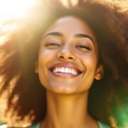 Woman exercising outdoors with glowing skin.