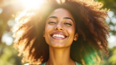 Woman exercising outdoors with glowing skin.