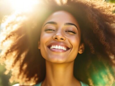 Woman exercising outdoors with glowing skin.