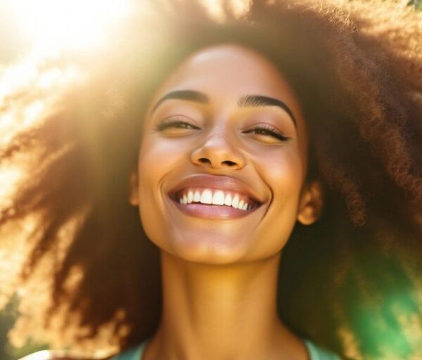 Woman exercising outdoors with glowing skin.