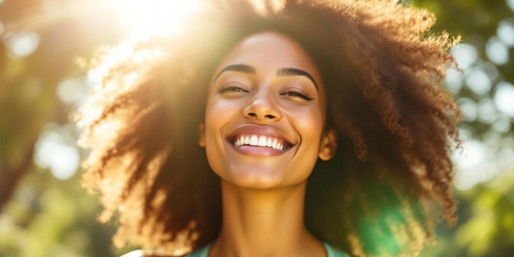 Woman exercising outdoors with glowing skin.