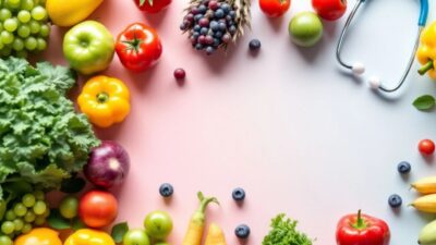 Collage of health-related images: fruits, stethoscope, doctor's tools.