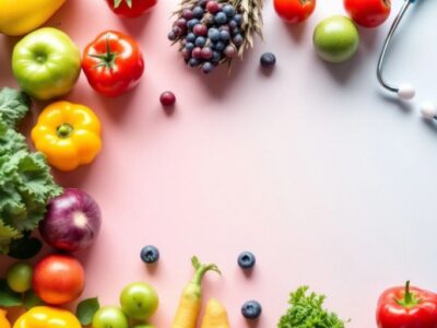 Collage of health-related images: fruits, stethoscope, doctor's tools.