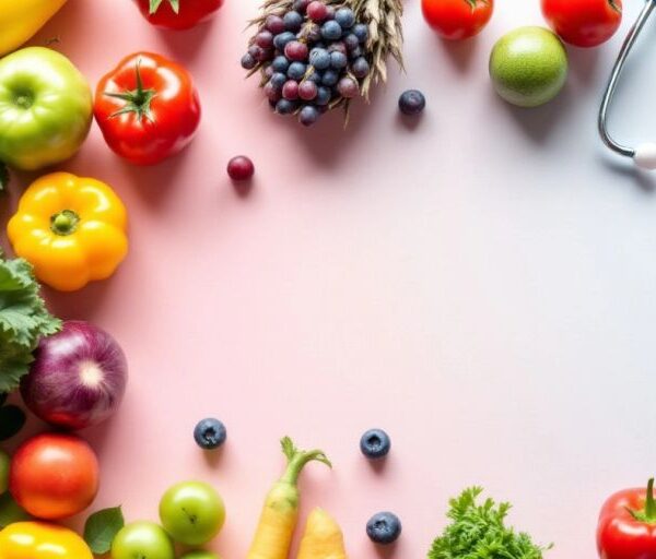 Collage of health-related images: fruits, stethoscope, doctor's tools.