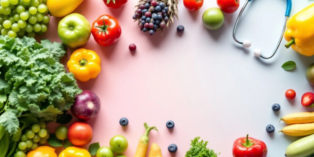 Collage of health-related images: fruits, stethoscope, doctor's tools.