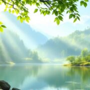 Tranquil lake scene with lush greenery and sunlight.