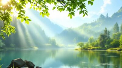 Tranquil lake scene with lush greenery and sunlight.