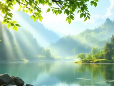 Tranquil lake scene with lush greenery and sunlight.