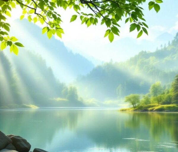 Tranquil lake scene with lush greenery and sunlight.