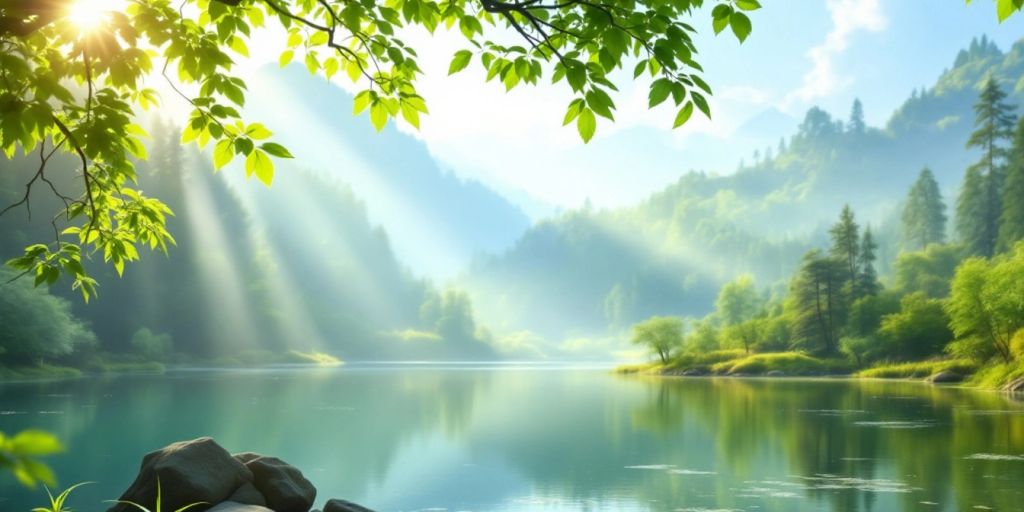 Tranquil lake scene with lush greenery and sunlight.