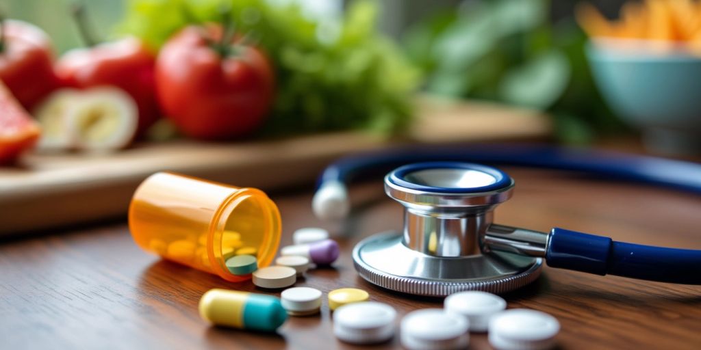 Prescription medications and stethoscope on a wooden table.