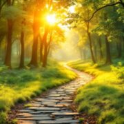 A peaceful forest path at sunrise.