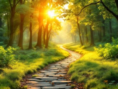 A peaceful forest path at sunrise.