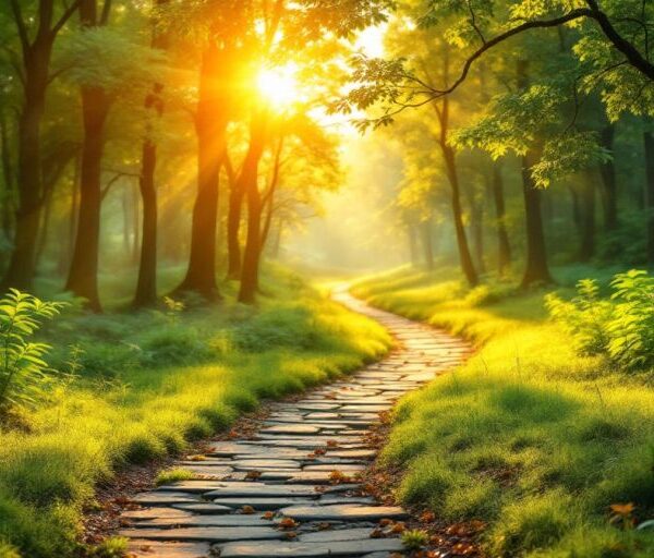 A peaceful forest path at sunrise.