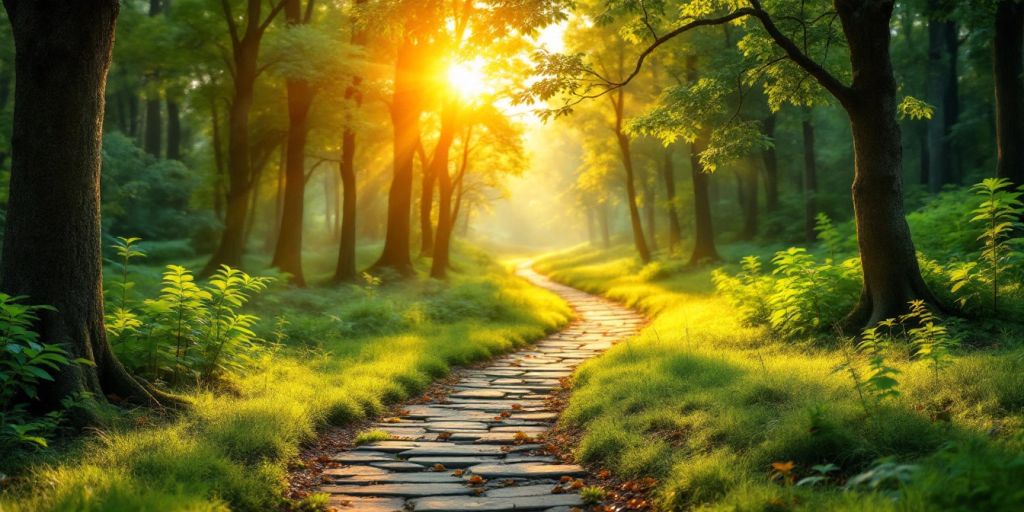 A peaceful forest path at sunrise.