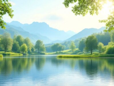 Tranquil lake surrounded by greenery and mountains.