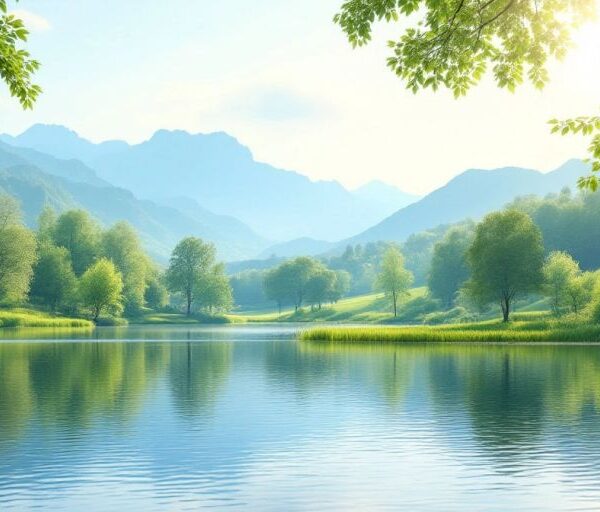 Tranquil lake surrounded by greenery and mountains.