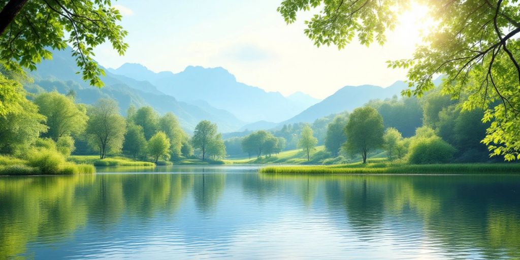 Tranquil lake surrounded by greenery and mountains.