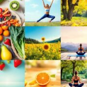 Collage of healthy foods and wellness activities.