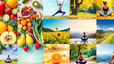 Collage of healthy foods and wellness activities.