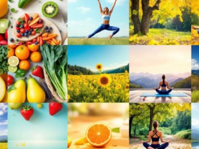 Collage of healthy foods and wellness activities.