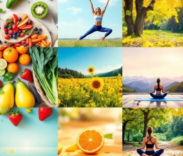 Collage of healthy foods and wellness activities.