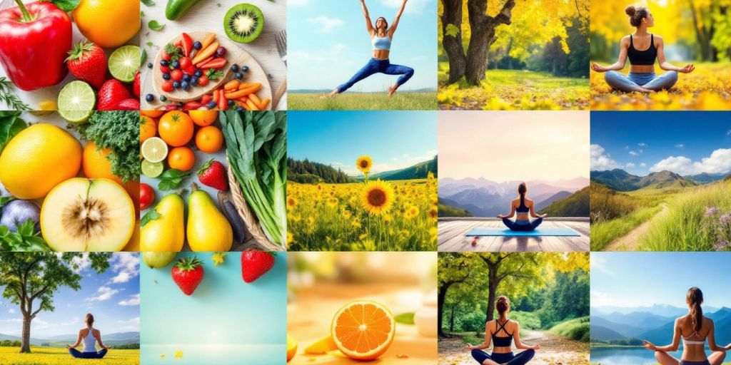 Collage of healthy foods and wellness activities.