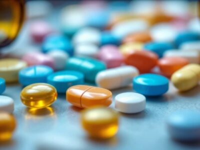 Close-up of colorful prescription medications on a surface.