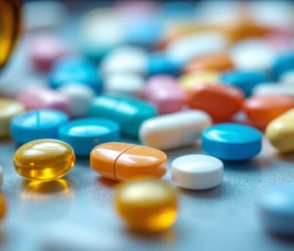 Close-up of colorful prescription medications on a surface.