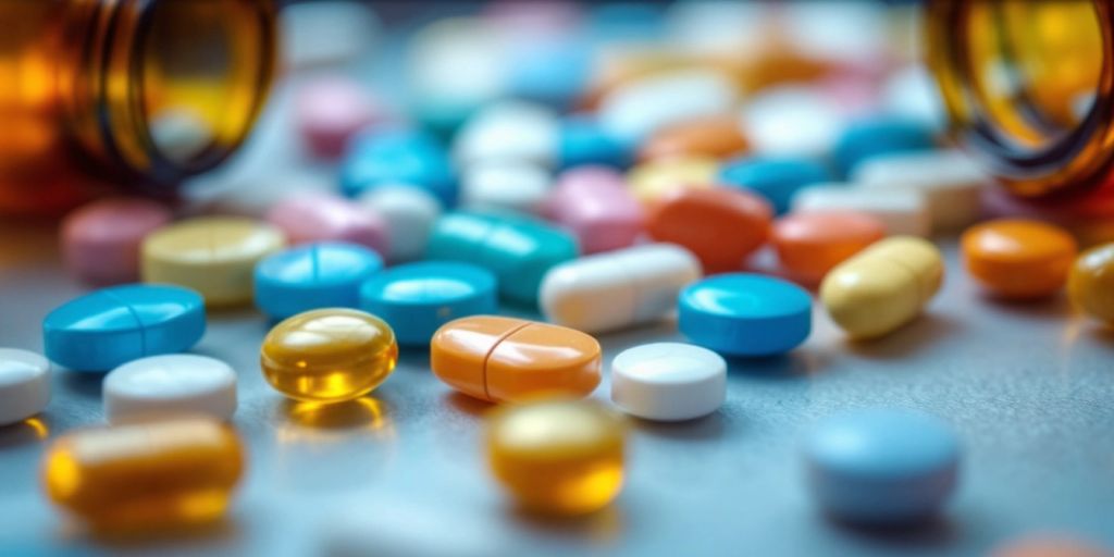 Close-up of colorful prescription medications on a surface.