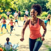 People exercising outdoors in a lush green environment.