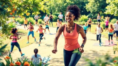 People exercising outdoors in a lush green environment.