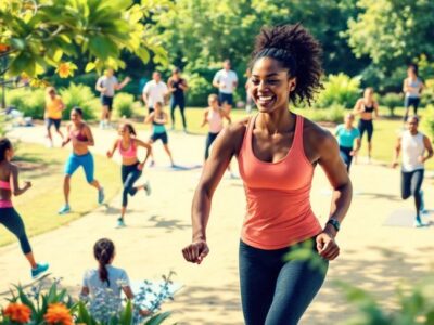 People exercising outdoors in a lush green environment.