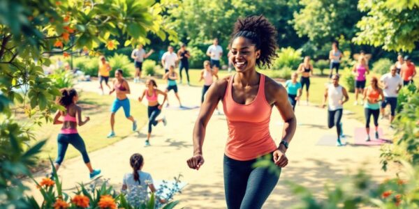 People exercising outdoors in a lush green environment.