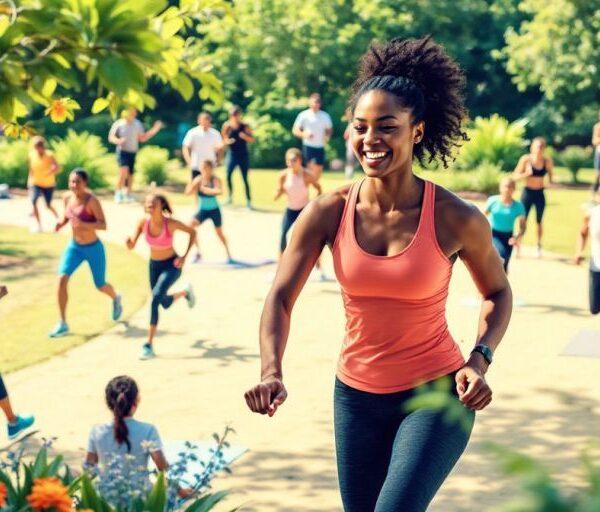 People exercising outdoors in a lush green environment.