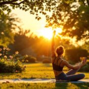 Person doing yoga in a peaceful park setting.