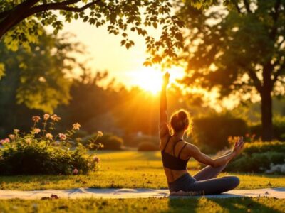 Person doing yoga in a peaceful park setting.